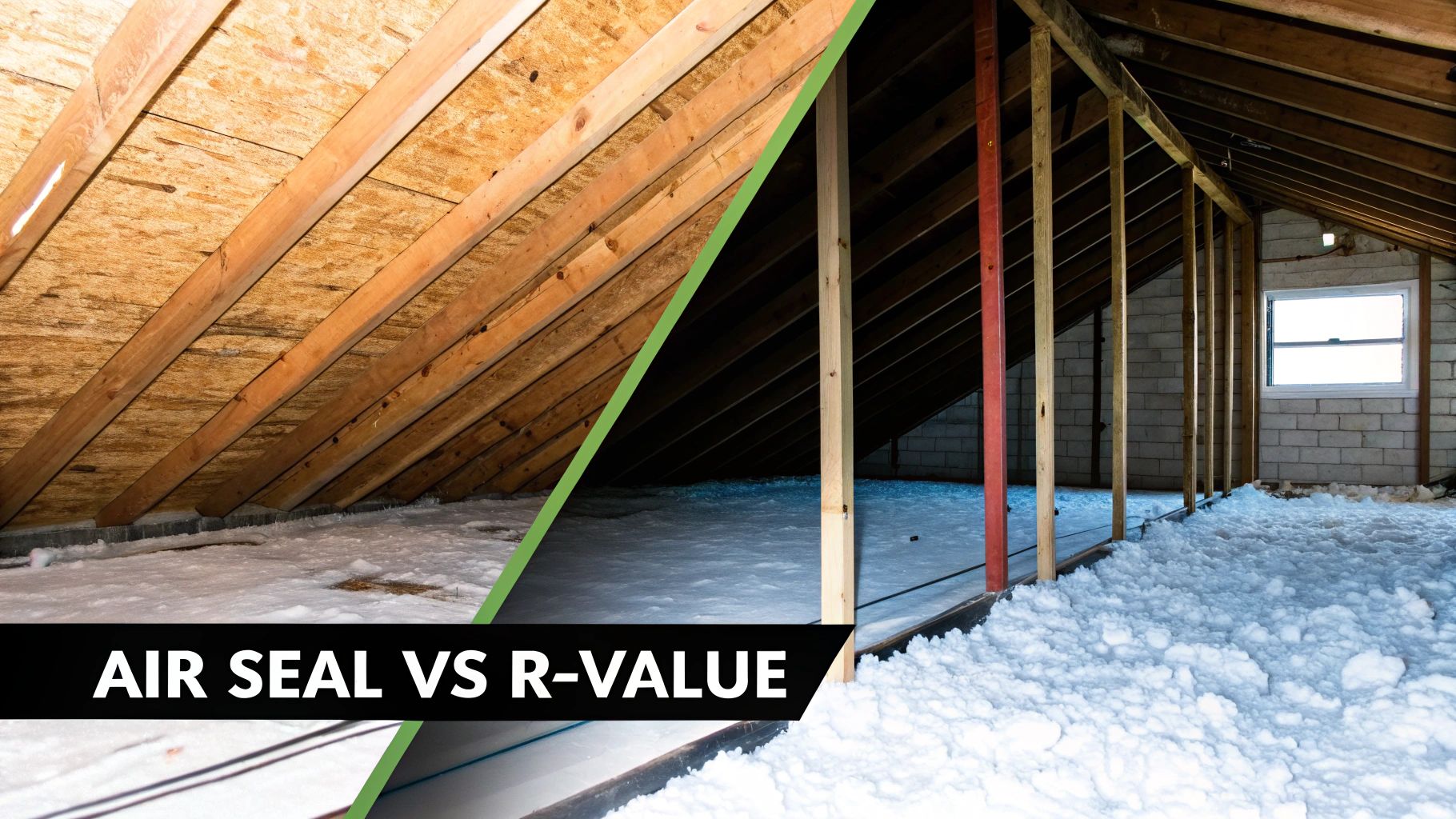A split image showing two different attic spaces with exposed rafters and blown-in insulation on the floor.