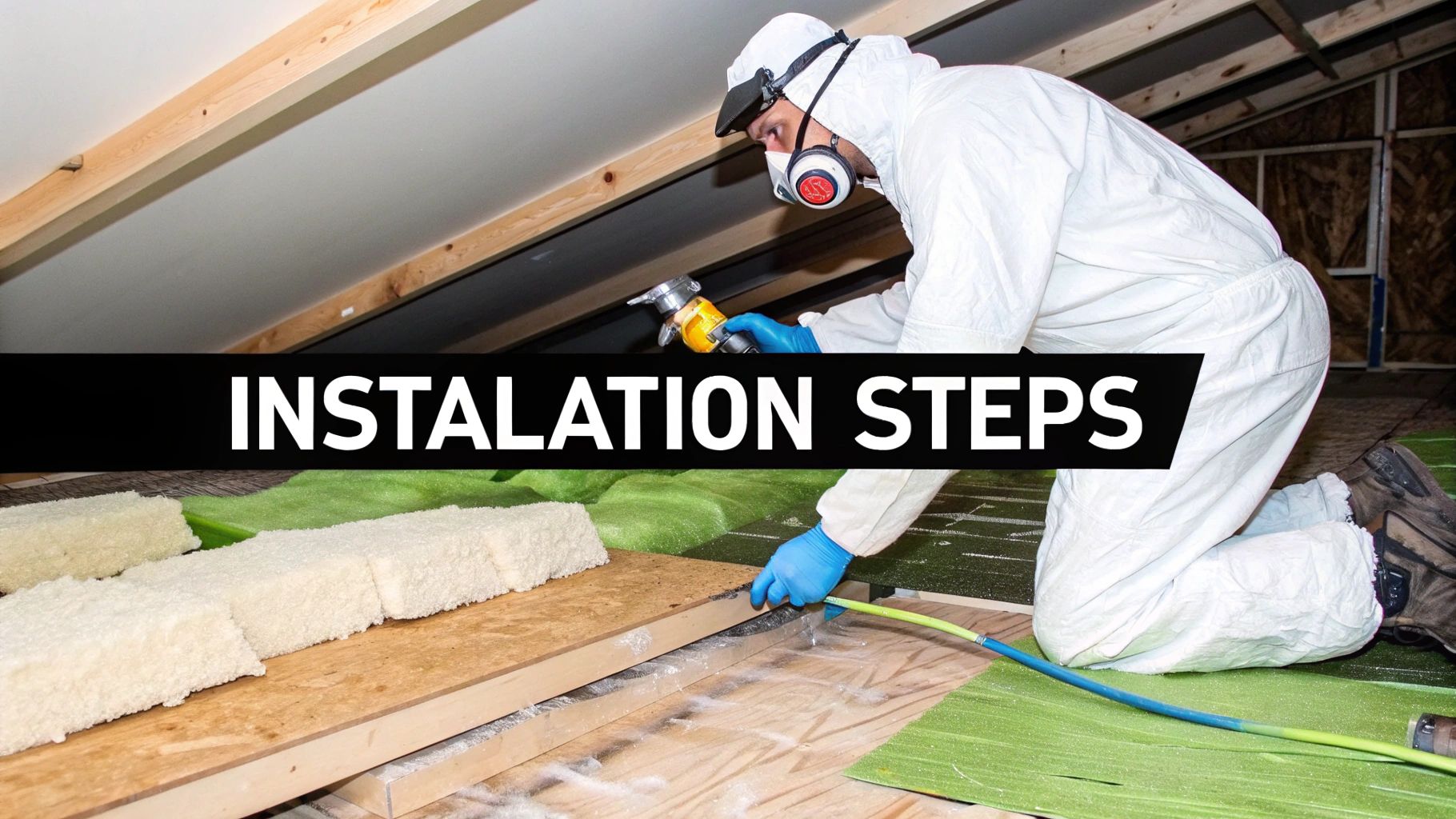 A worker in a full protective suit and respirator applies spray foam insulation in an attic.