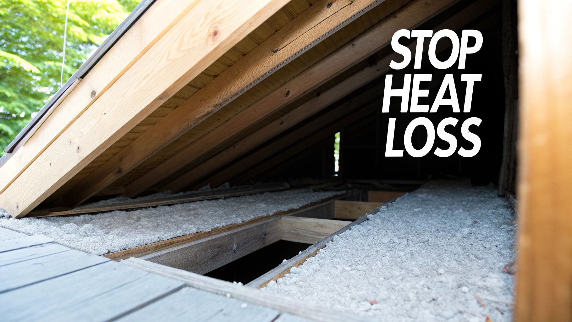 Blown insulation installed in attic space between wooden rafters to prevent heat loss through roof