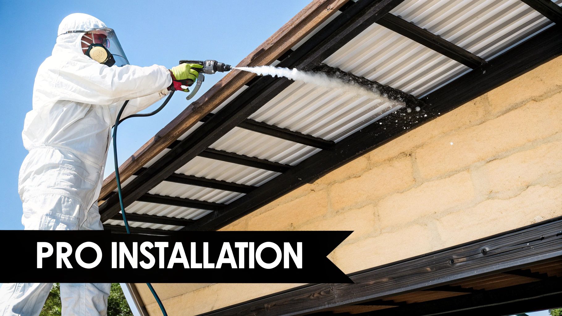 A person in a protective suit and mask sprays insulation material onto the underside of a metal roof.