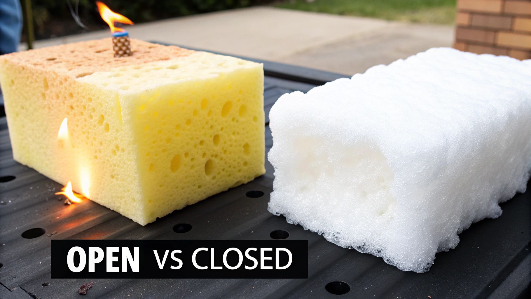 Open cell versus closed cell spray foam insulation flammability test with fire demonstration comparison