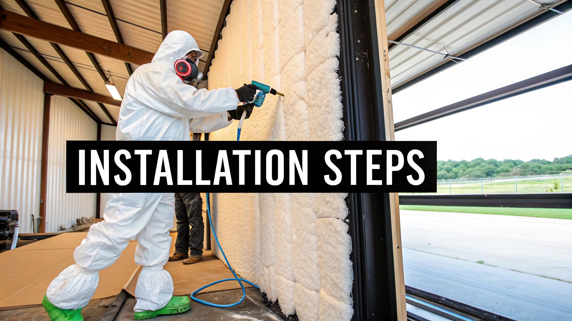 A worker in a protective suit sprays white insulation onto a wall, illustrating installation steps.