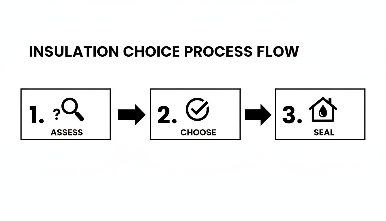 A diagram illustrating the insulation choice process flow with three steps: Assess, Choose, and Seal.