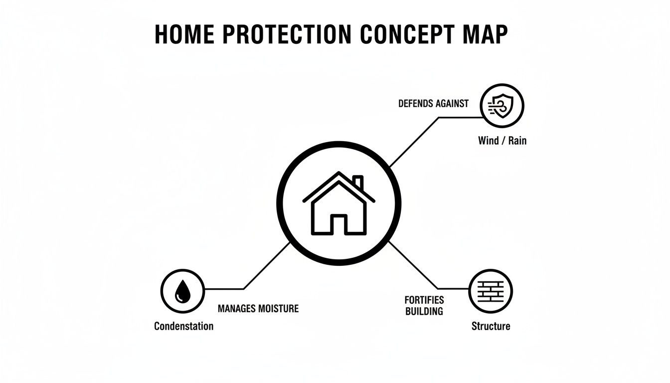 Protect Your Home with closed cell spray foam insulation waterproof 3 A home protection concept map showing how a home defends against wind/rain, manages moisture, and fortifies its structure.