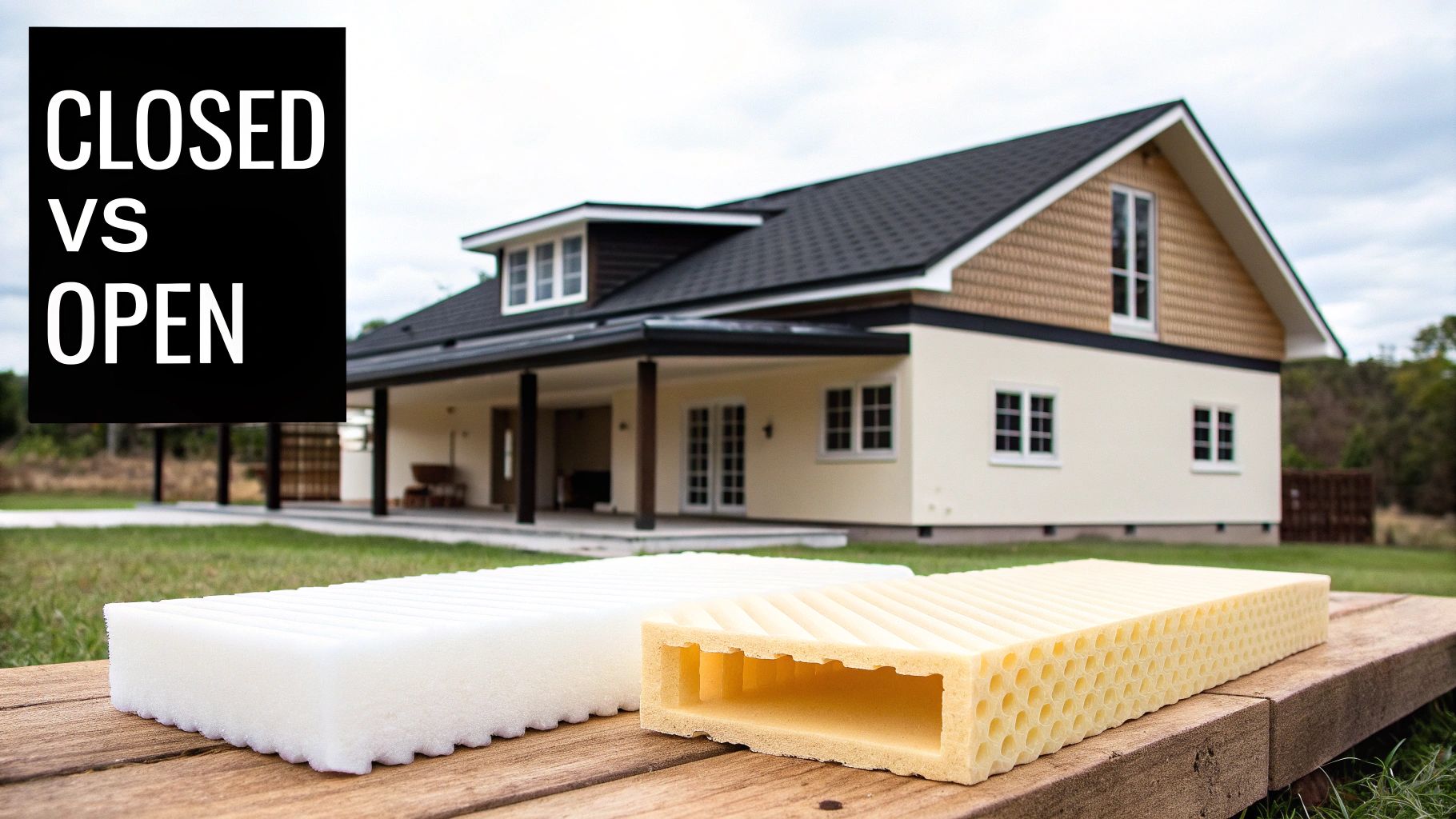 Comparing closed and open cell spray foam insulation samples on wood in front of a house.