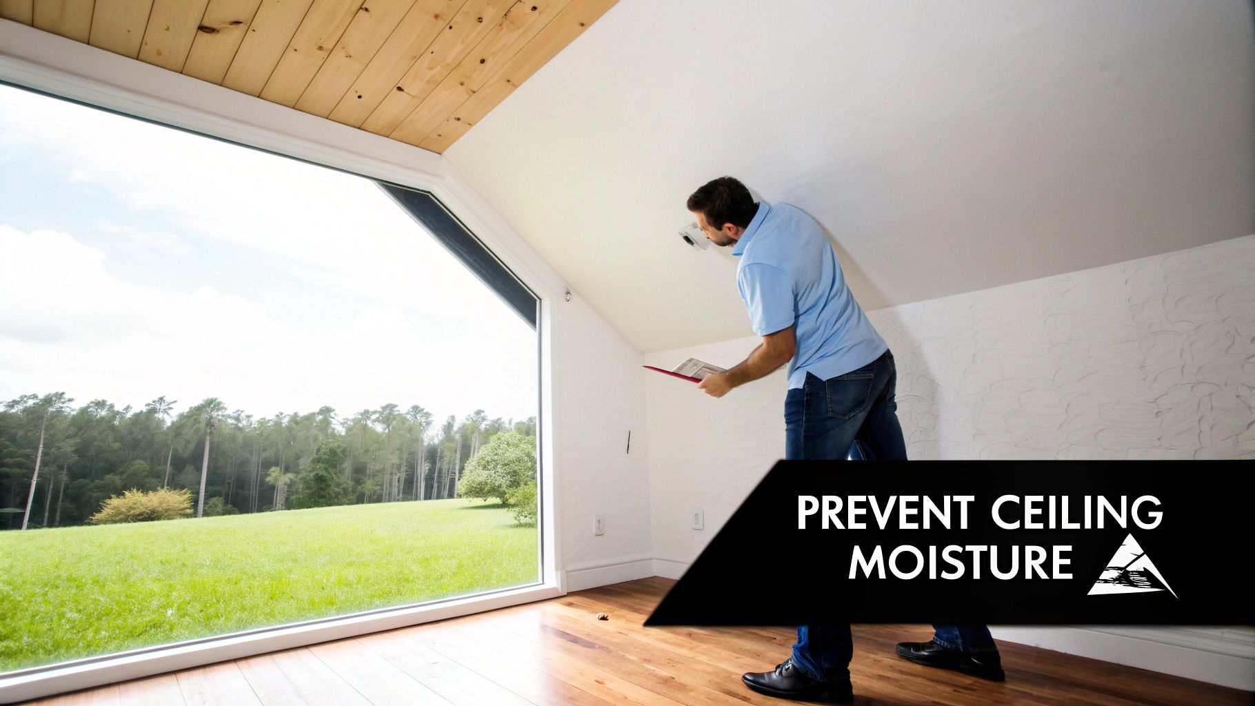 A man inspects an attic ceiling for moisture, with a large window looking out onto a green field.