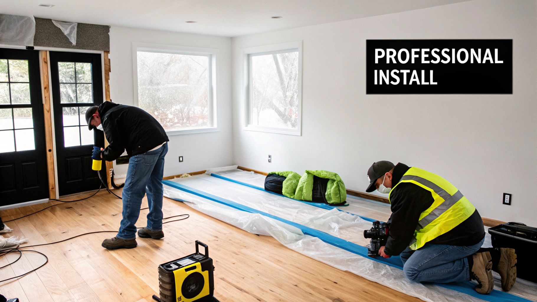 Two professionals installing a system on a wooden floor in a newly renovated room with large windows.