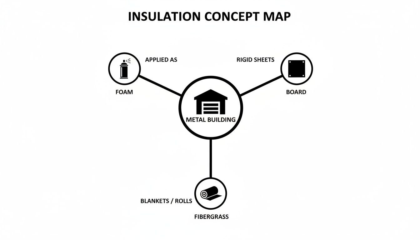 Concept map illustrating insulation types for metal buildings: foam, rigid sheets, and fiberglass blankets.