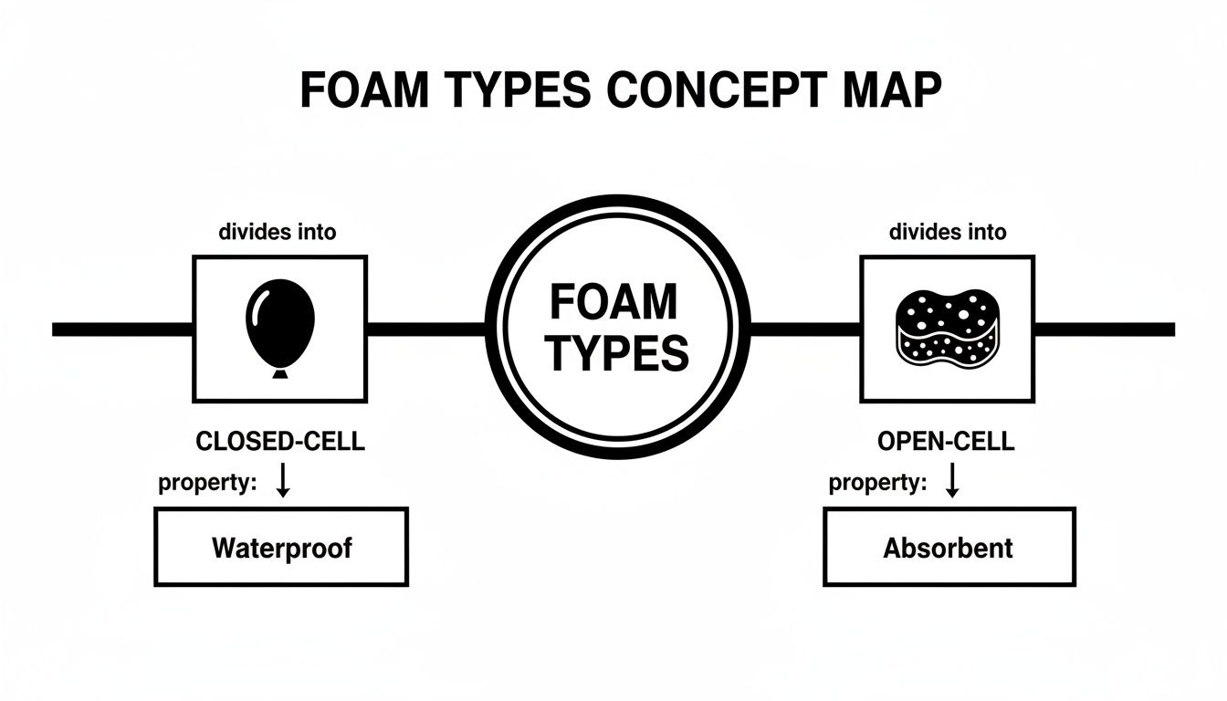 A concept map illustrating foam types: closed-cell (waterproof) and open-cell (absorbent).