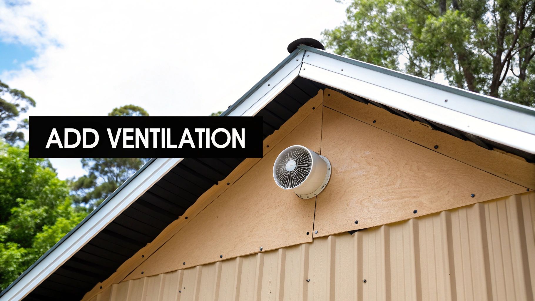 Ventilation fan installed on wooden shed gable wall beneath metal roofing for proper airflow