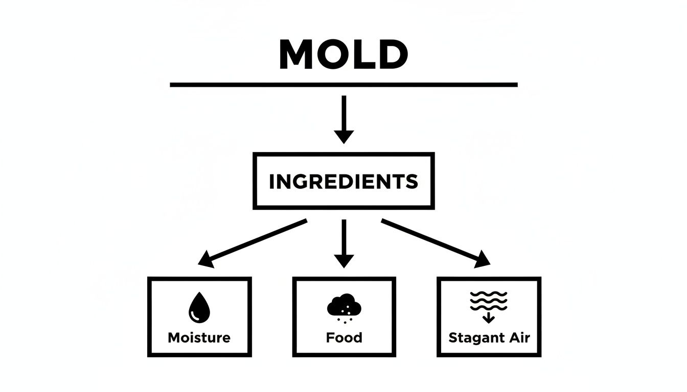 A black and white flowchart titled 'MOLD', detailing the 'INGREDIENTS' needed for its growth: Moisture, Food, and Stagnant Air.