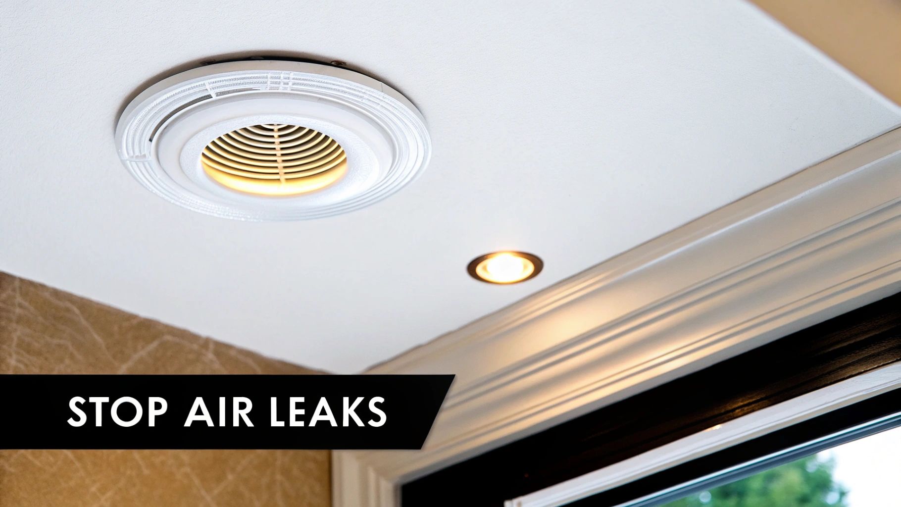 A white ceiling featuring a modern round ventilation fan with light and a recessed spotlight, emphasizing stopping air leaks.