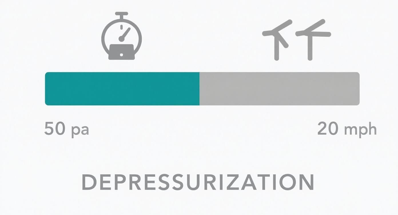 An illustration showing a progress bar with icons and text related to a depressurization process, including 50 pa and 20 mph.