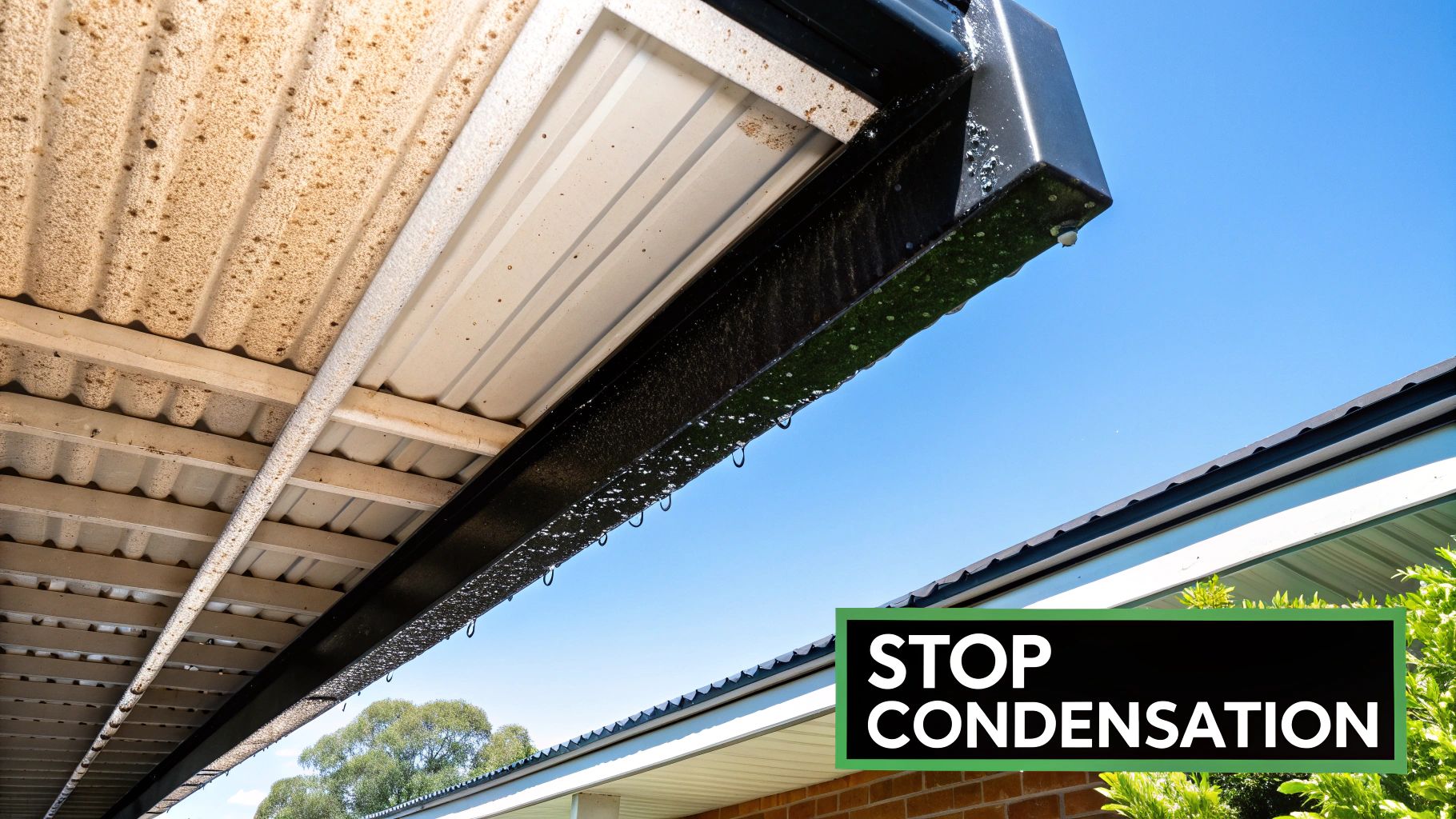 Underside of a dirty metal roof with condensation droplets on a black gutter against a blue sky, text overlay says "STOP CONDENSATION".