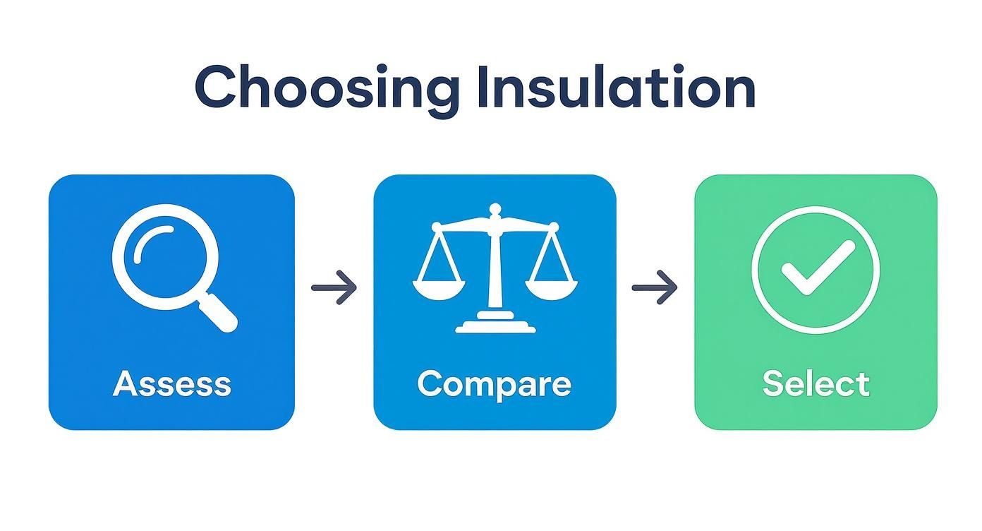A step-by-step guide for choosing insulation: assess, compare, and select options.