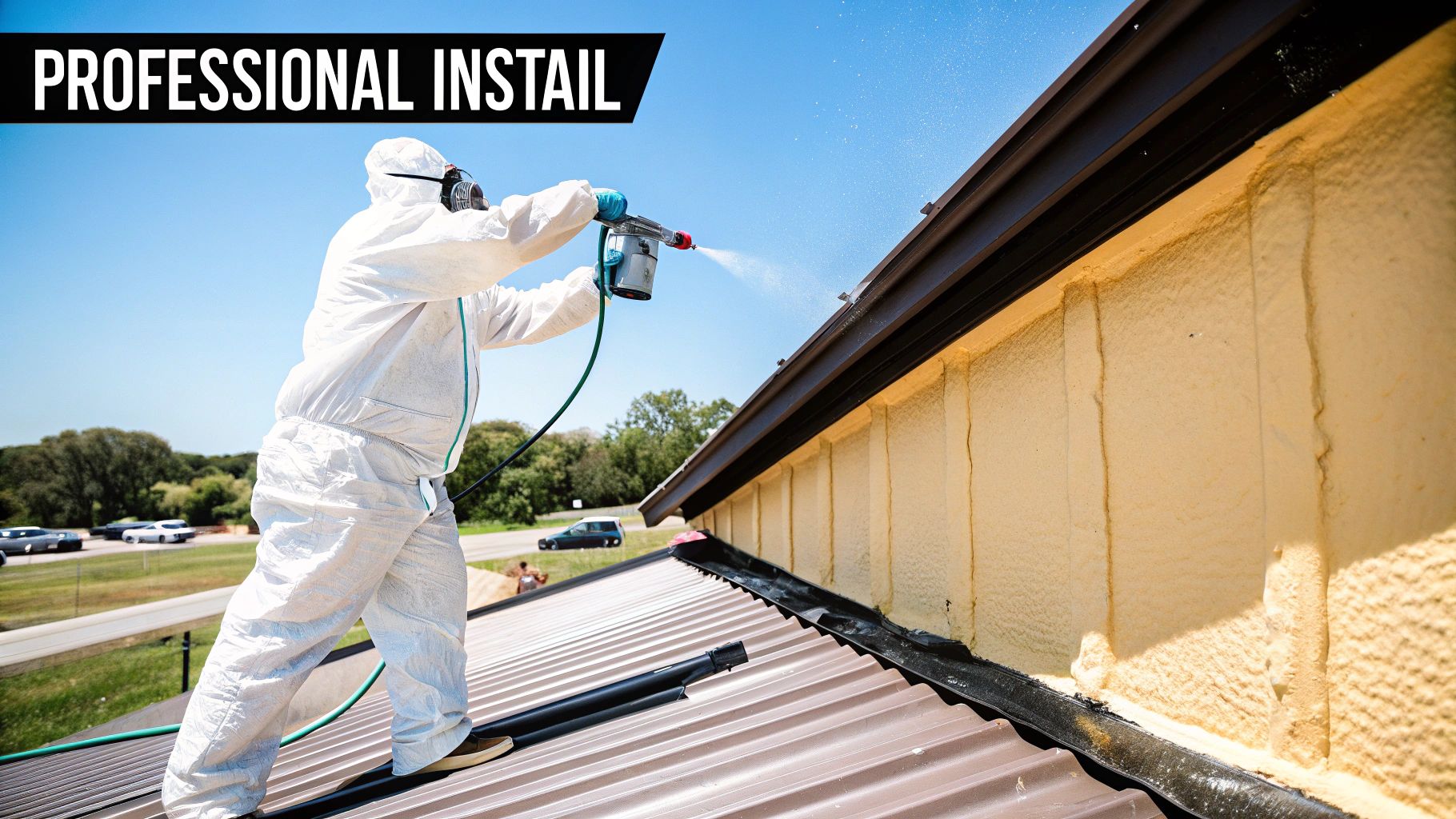A professional worker in a protective suit sprays insulation onto a metal building under a clear blue sky.
