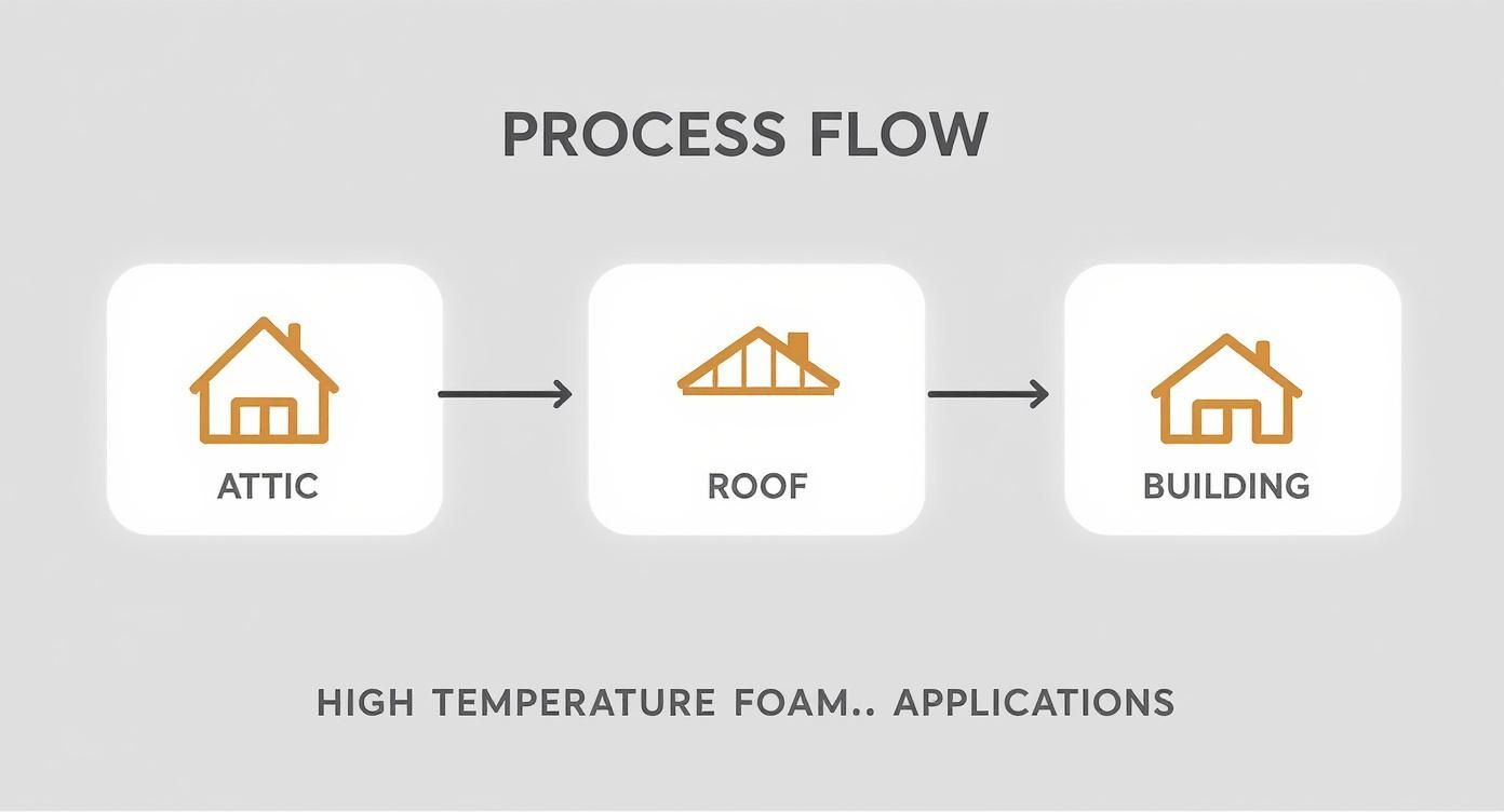 Infographic showing the process flow of high temp spray foam applications for attics, roofing, and buildings.