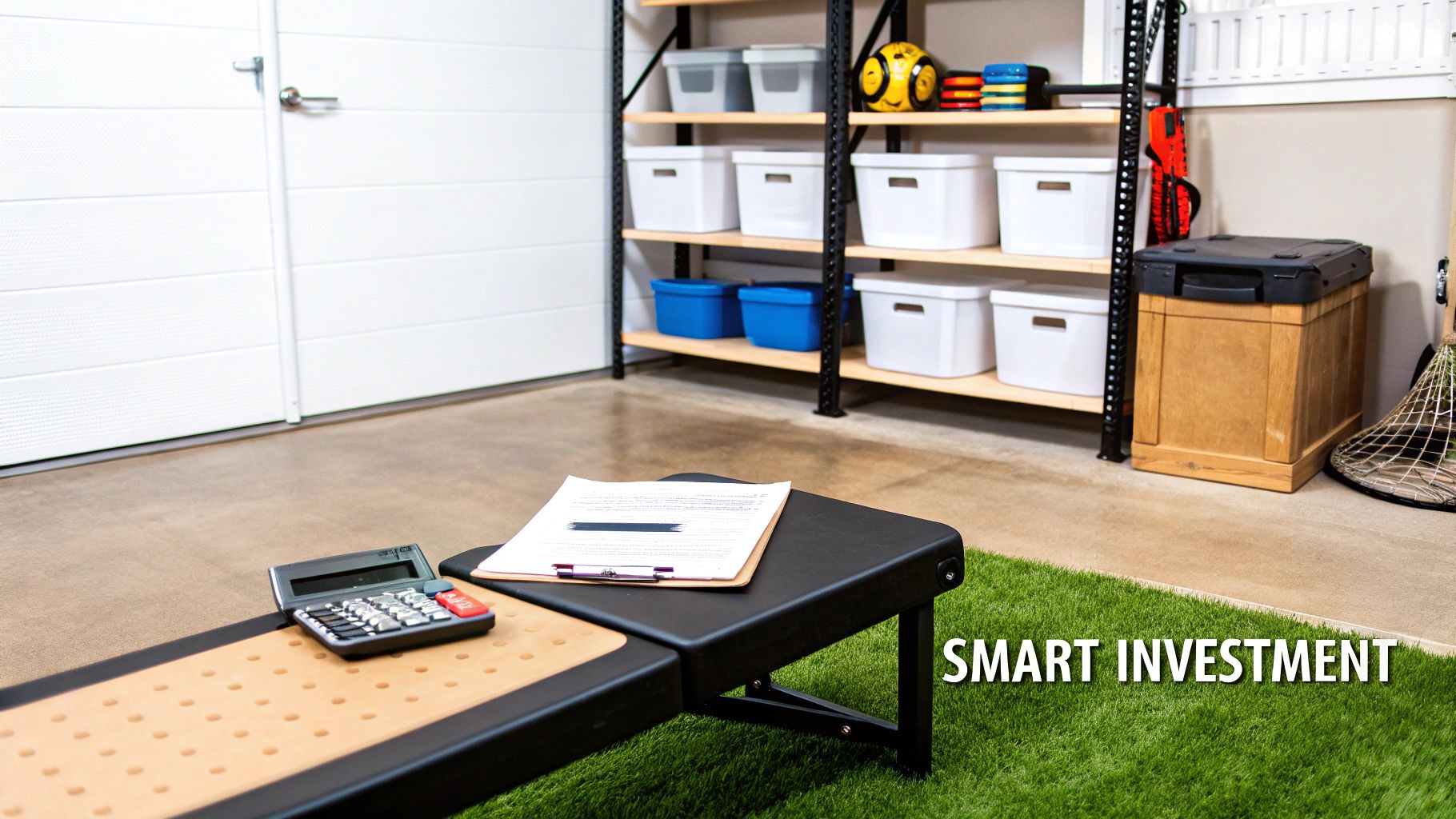 A well-organized garage interior featuring shelving, storage bins, a workout bench, and a calculator on artificial grass.
