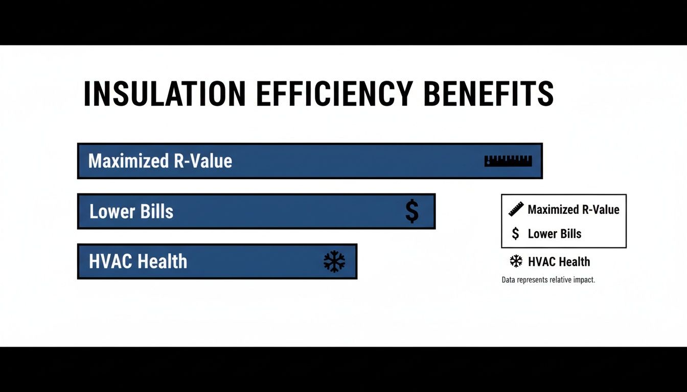 A chart illustrating insulation efficiency benefits with maximized R-value, lower bills, and HVAC health.