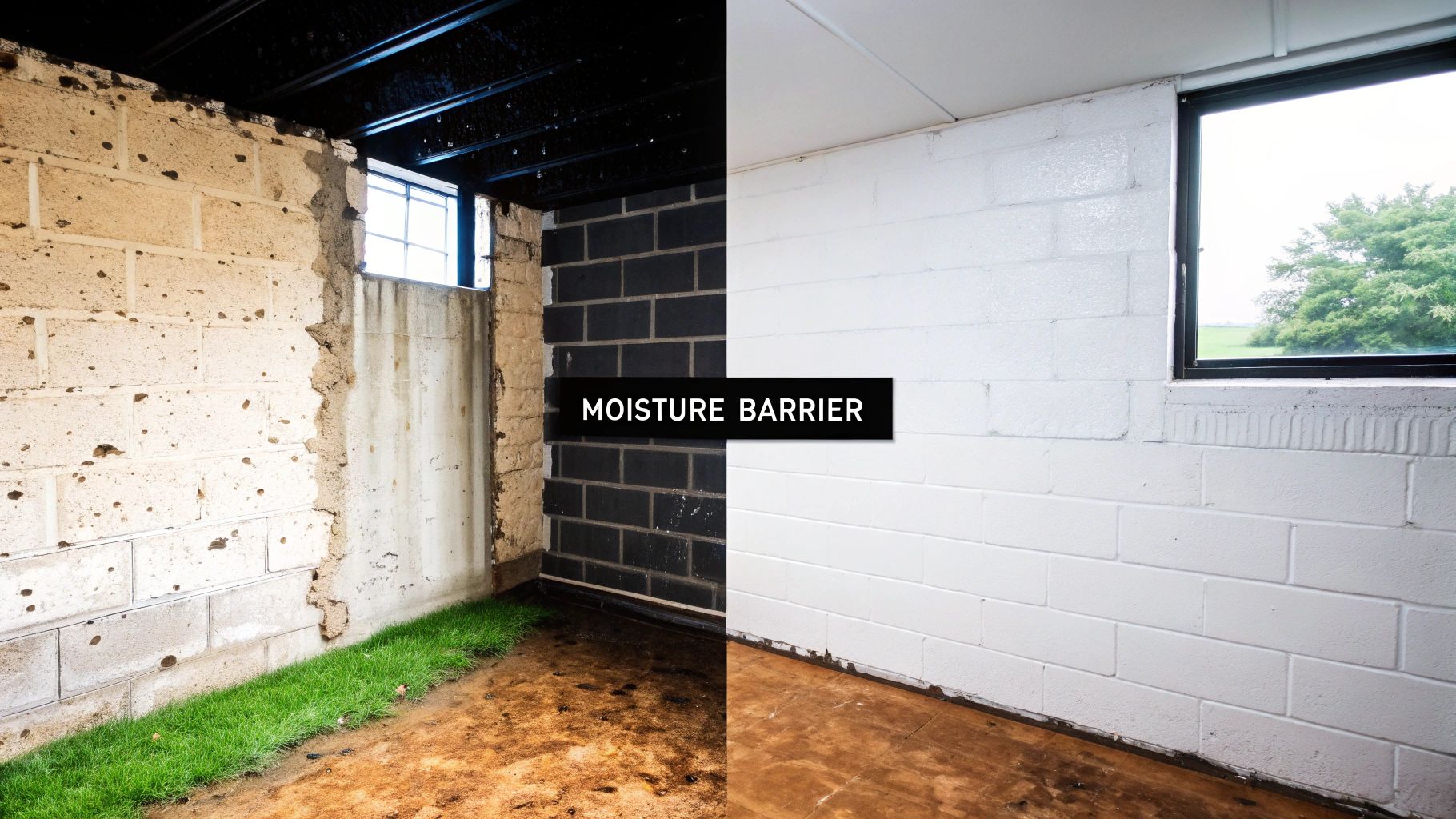 Before and after of a basement showing a damp, unfinished space transformed with a white moisture barrier on cinder block walls.