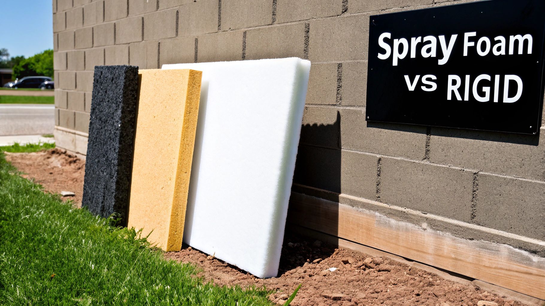 Three insulation panels (black, yellow, white) and a sign 'Spray Foam vs RIGID' against a wall.