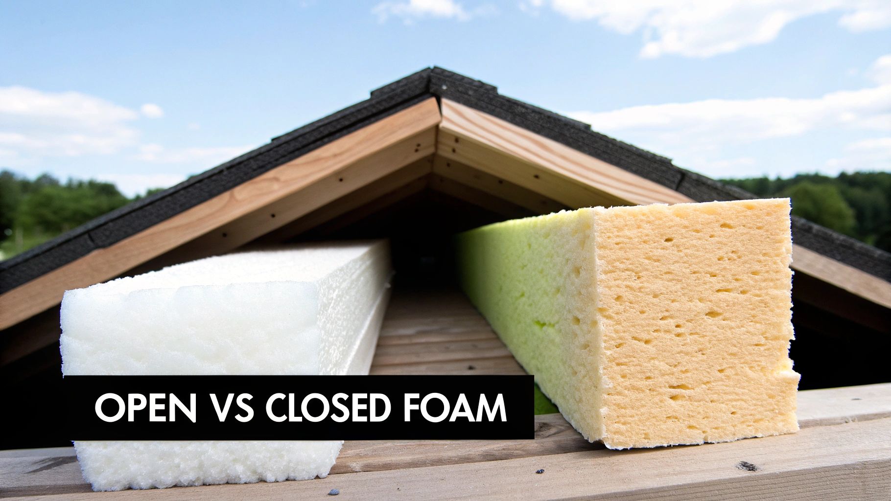Two different foam insulation blocks, open and closed cell, shown on wooden roof rafters under a blue sky.