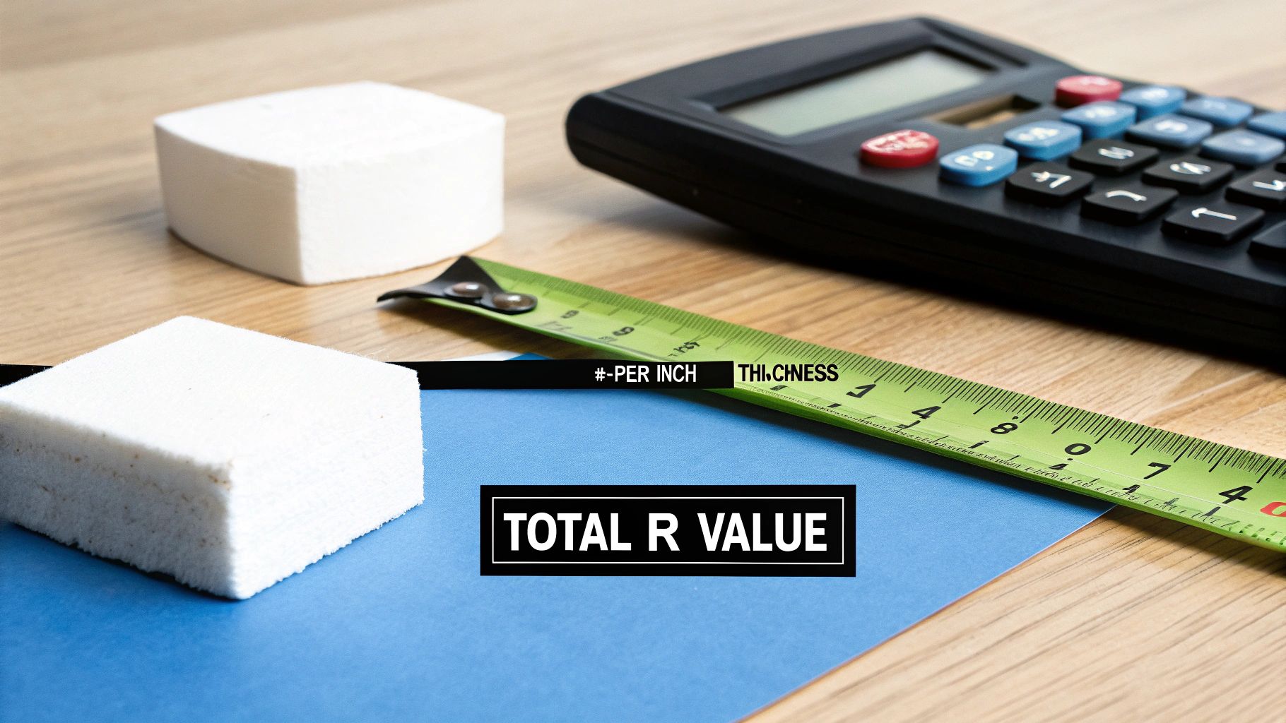 Calculator, measuring tape, and insulation samples on a wooden table, illustrating R-value calculation.