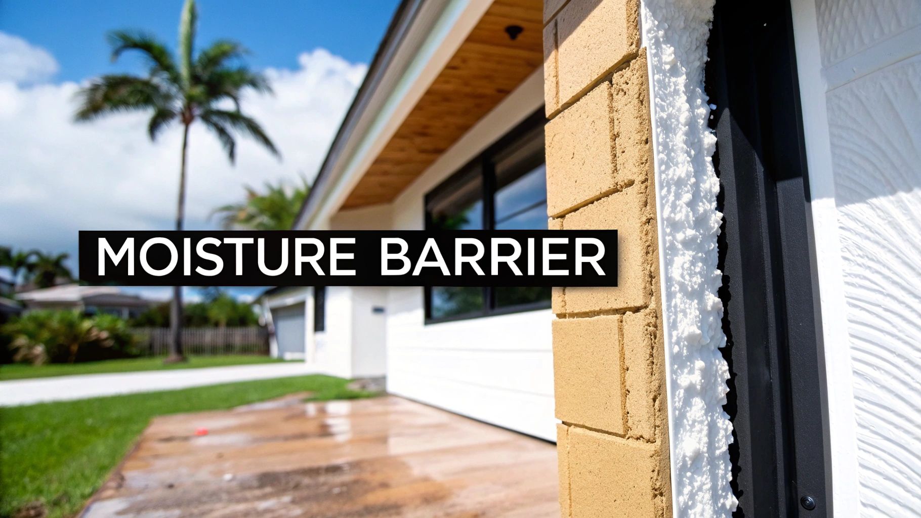 Close-up of a house exterior showing a moisture barrier with spray foam insulation between brick and white siding.