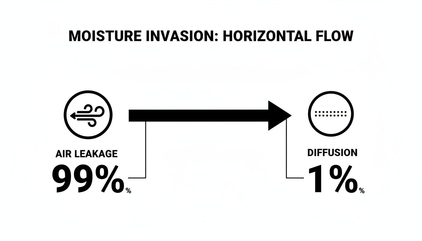 Diagram showing moisture invasion horizontal flow, indicating 99% from air leakage and 1% from diffusion.