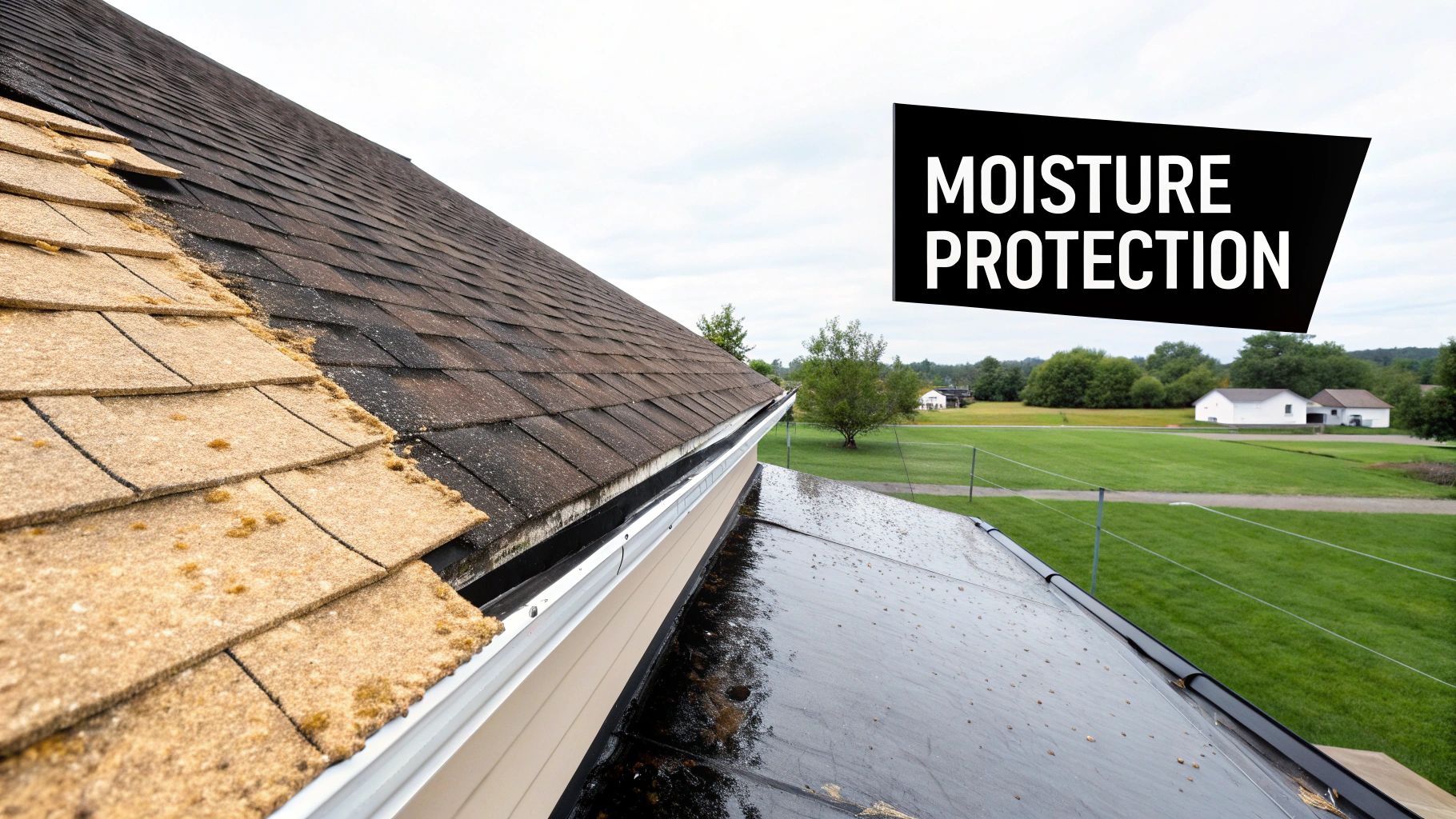 A roof shows a transition from old, mossy shingles to new, clean ones with visible moisture protection.