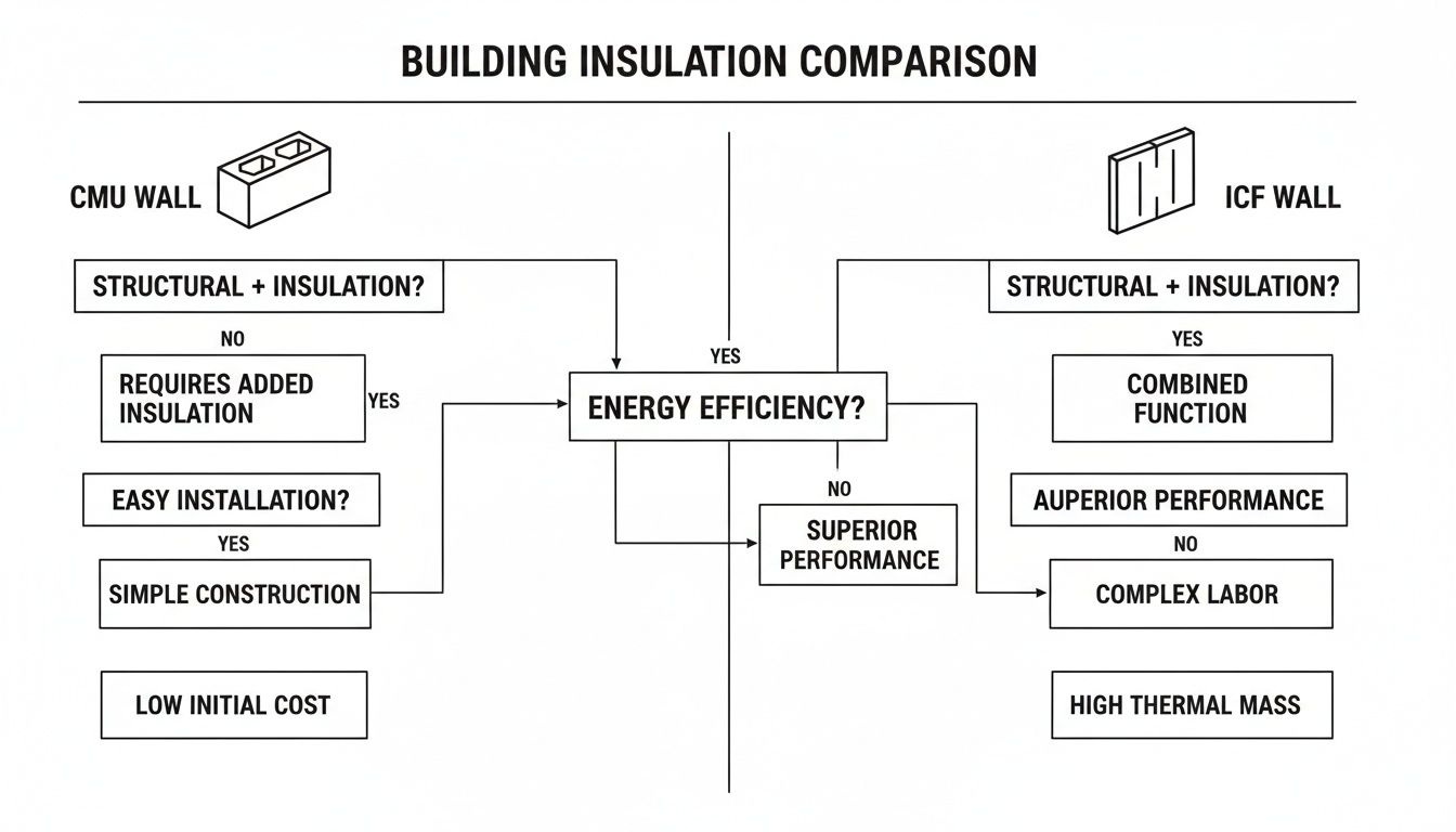 Flowchart comparing CMU and ICF wall insulation based on structural properties and energy efficiency.