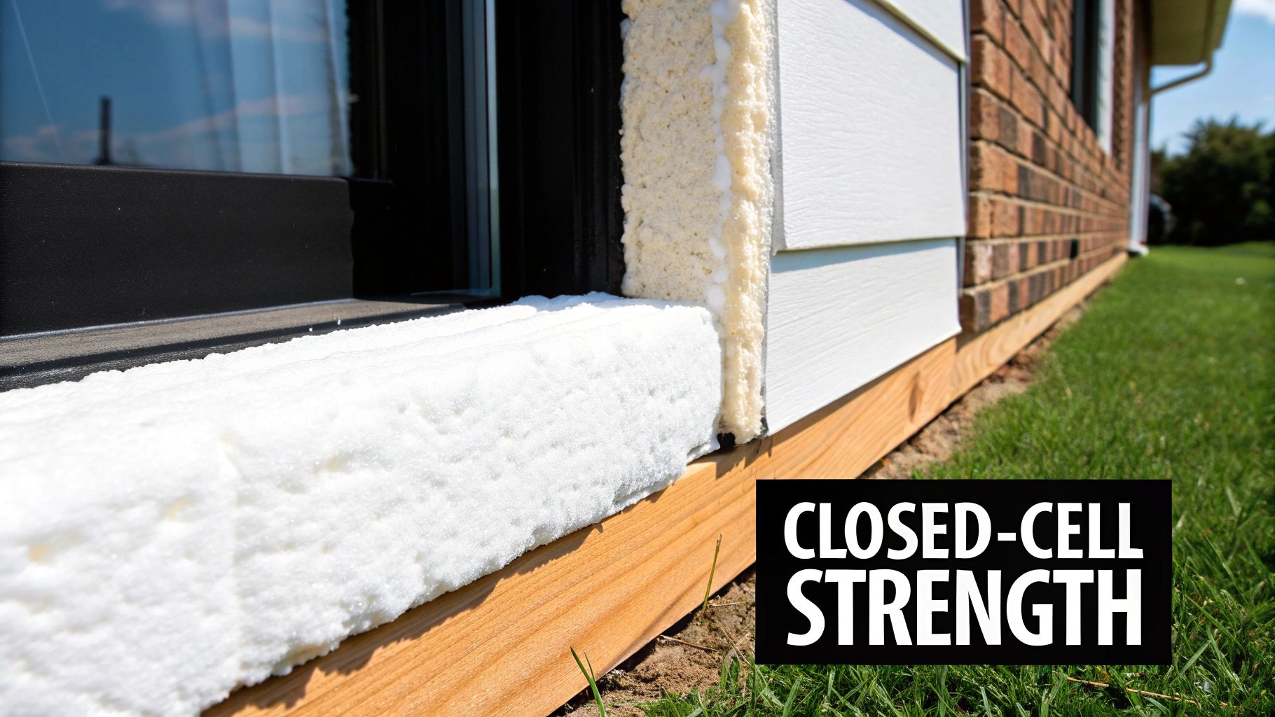 Close-up of white closed-cell spray foam insulation applied around a house window, next to siding.