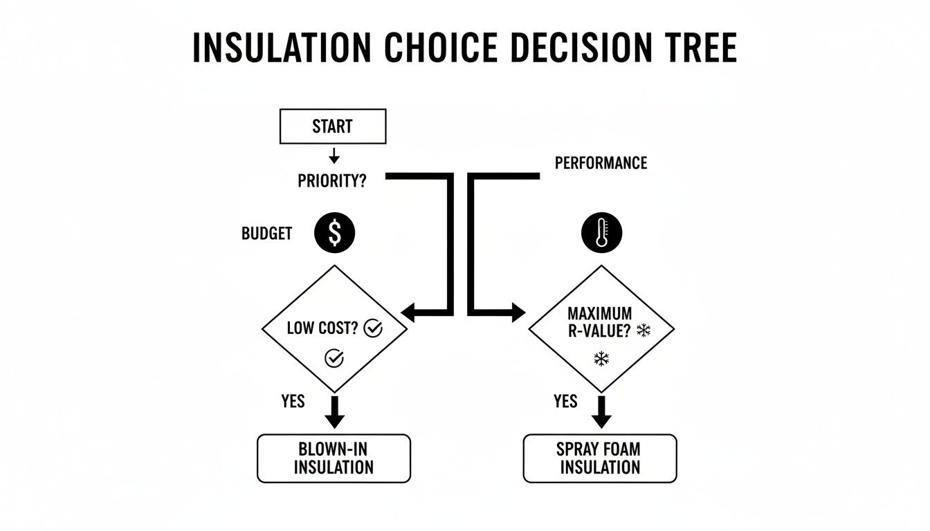 Decision tree for choosing insulation based on budget or performance, leading to blown-in or spray foam options.