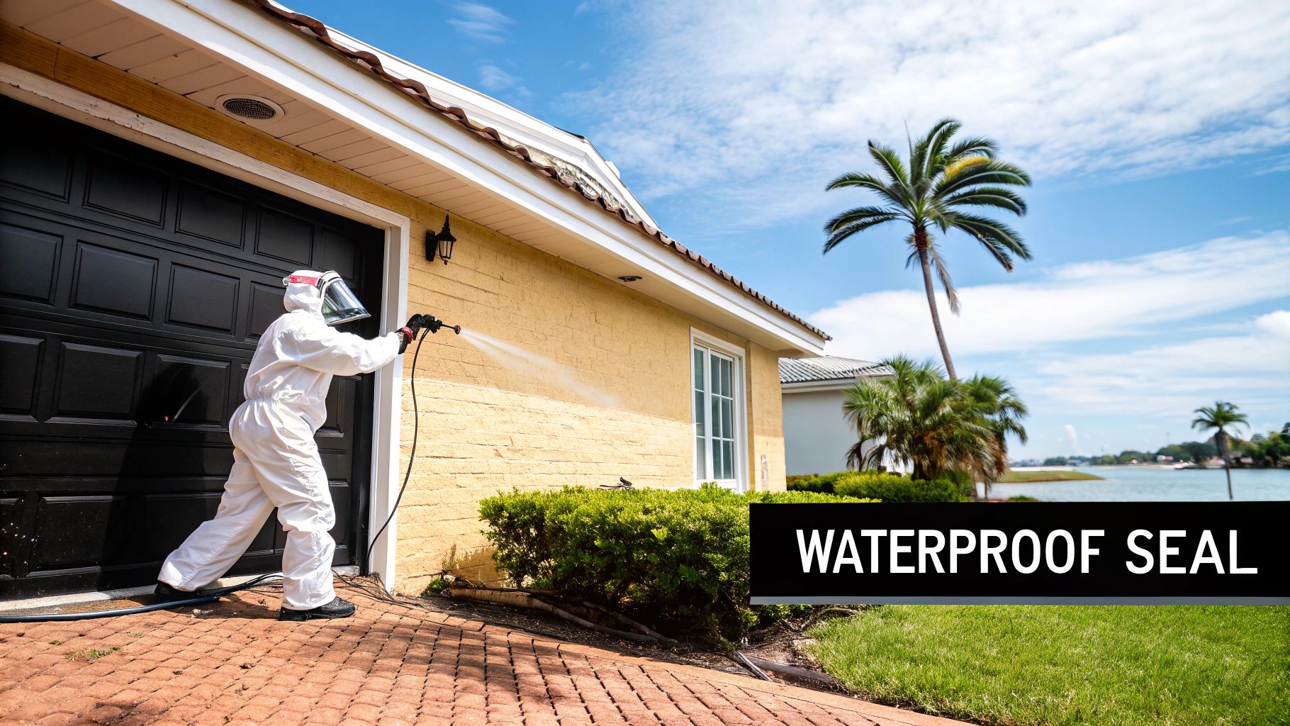 Person in protective gear waterproofing a house exterior with a sprayer, near water and palm trees.