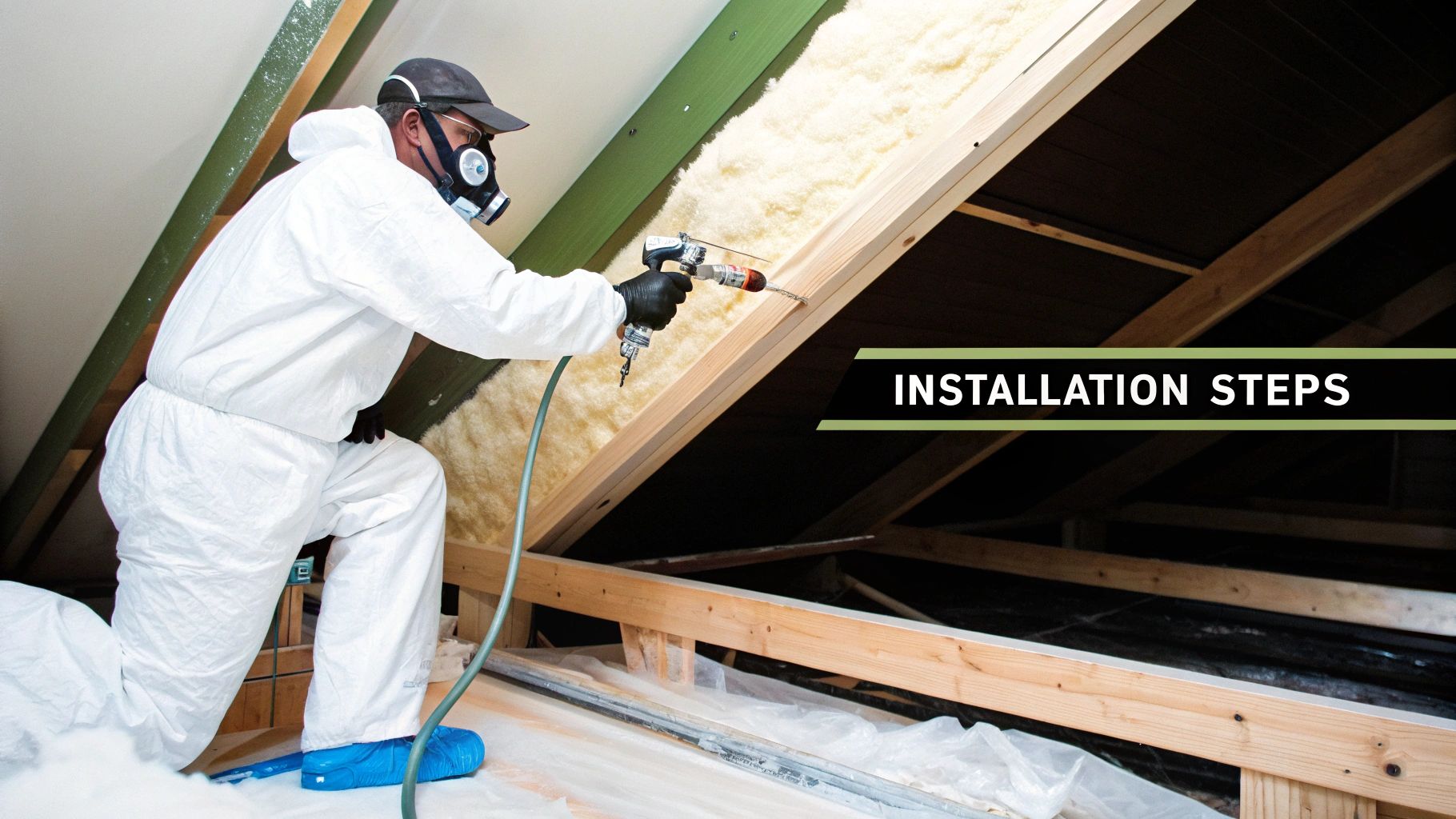 A worker in protective gear applies spray foam insulation to the interior of an attic roof, showing installation.