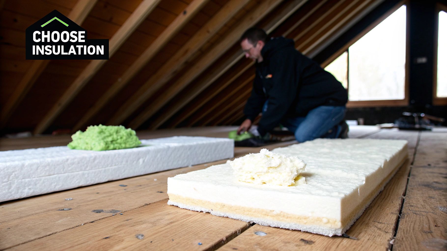 Worker installing insulation in an attic, showing green blown-in and white spray foam insulation boards.