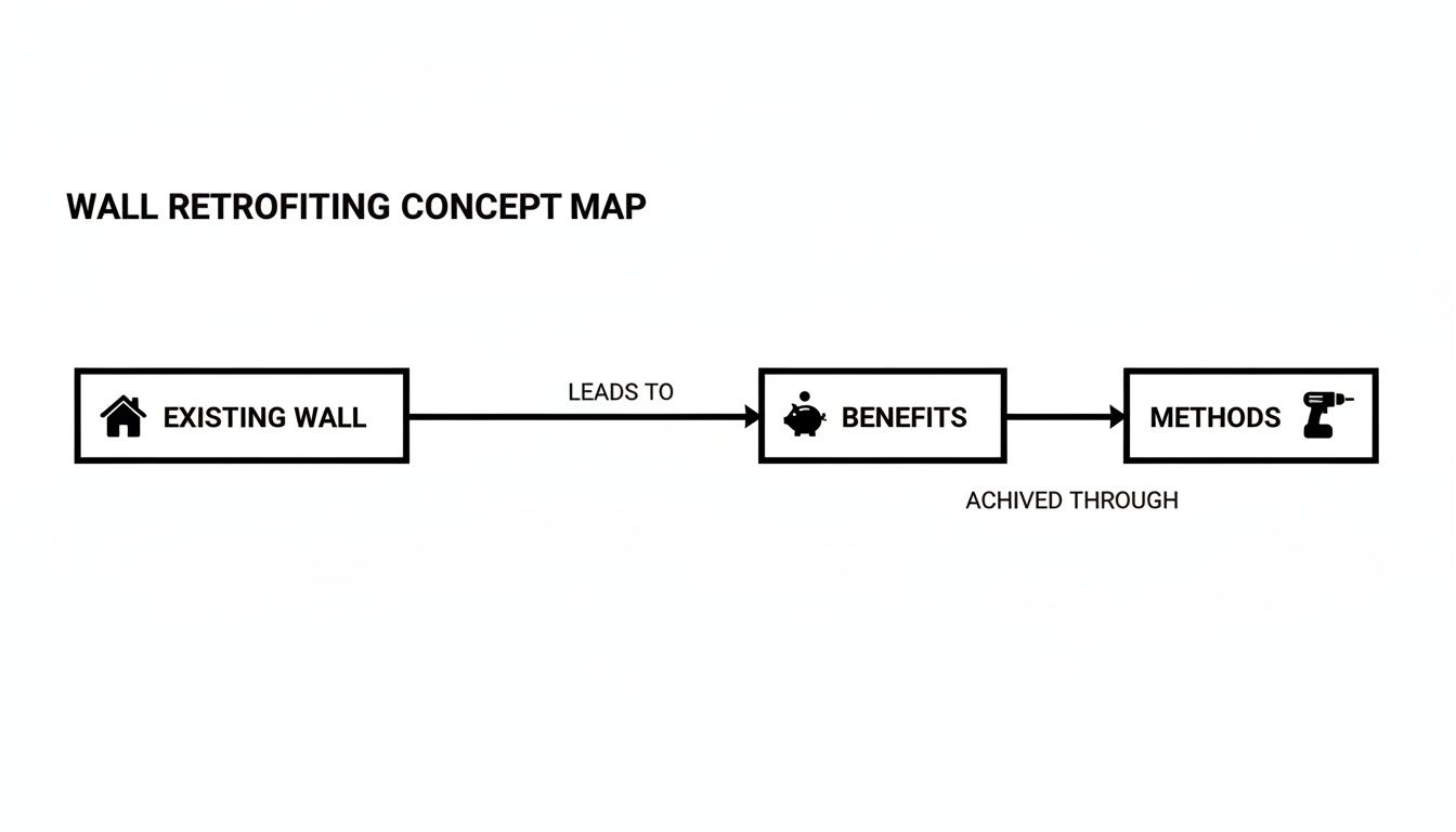 A wall retrofitting concept map showing existing walls leading to benefits achieved through various methods.