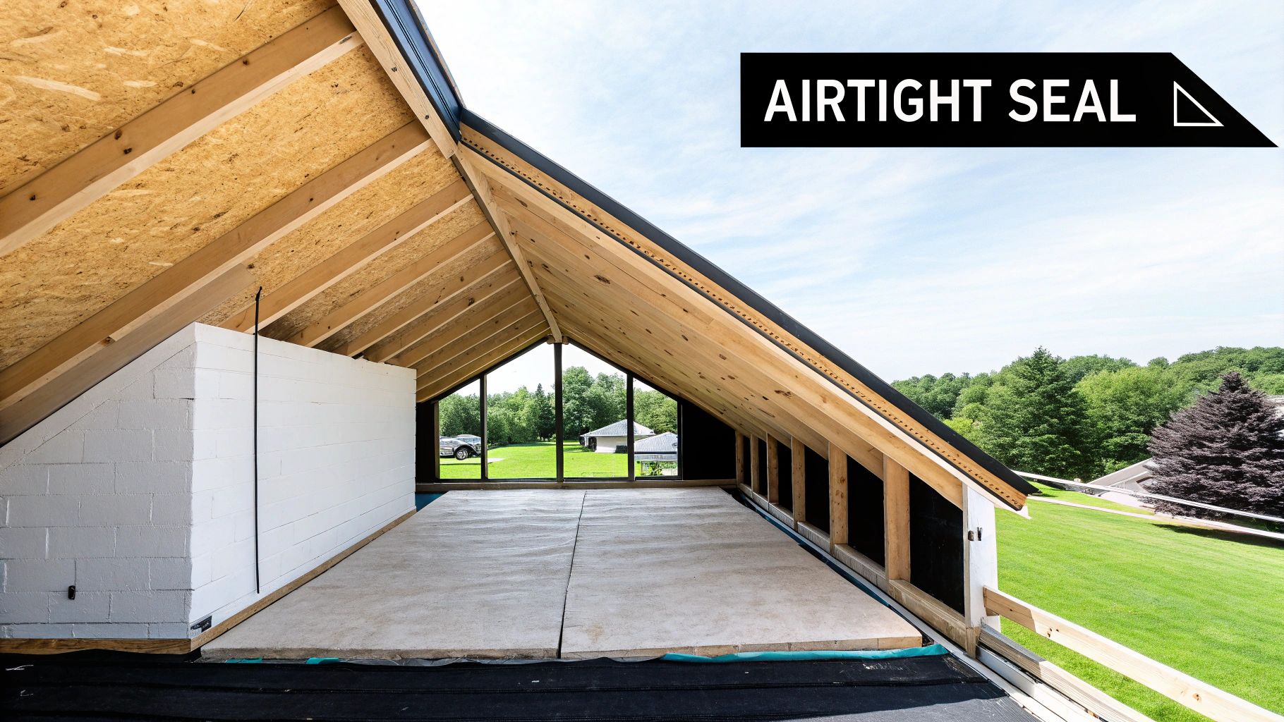 Attic under construction with exposed wooden rafters, insulation panels, and large windows overlooking a green landscape.