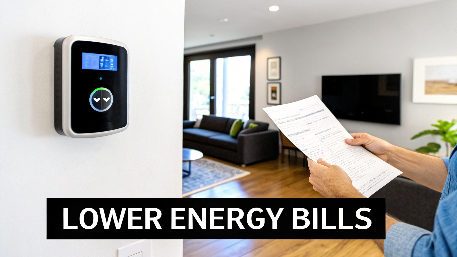 A person holds an energy bill, looking to lower costs with a smart home energy monitor.