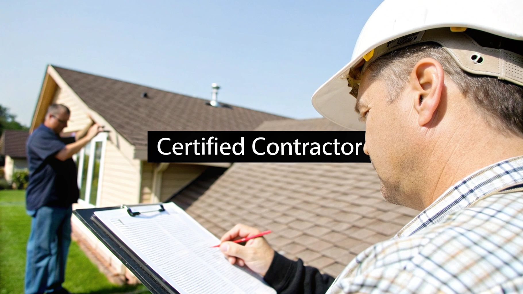 A certified contractor in a hard hat inspects a house roof while reviewing documents on a clipboard.