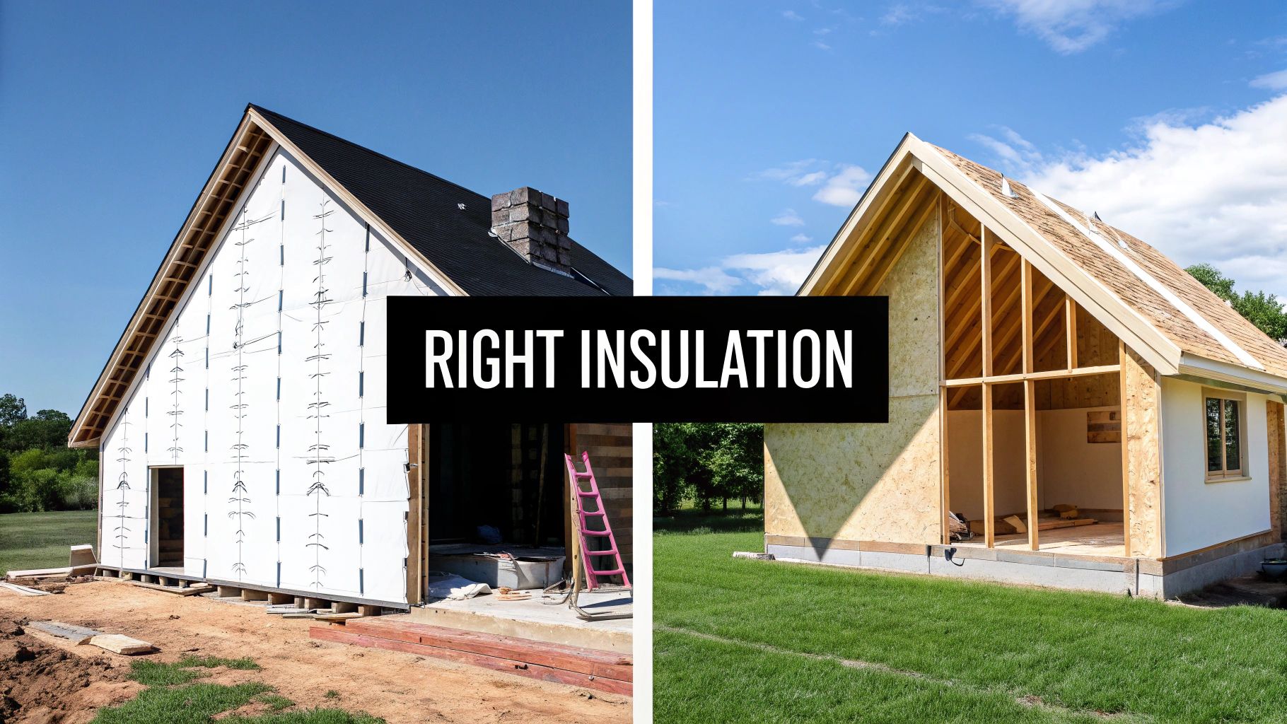 Side-by-side comparison of two houses under construction, showcasing different types of wall insulation.