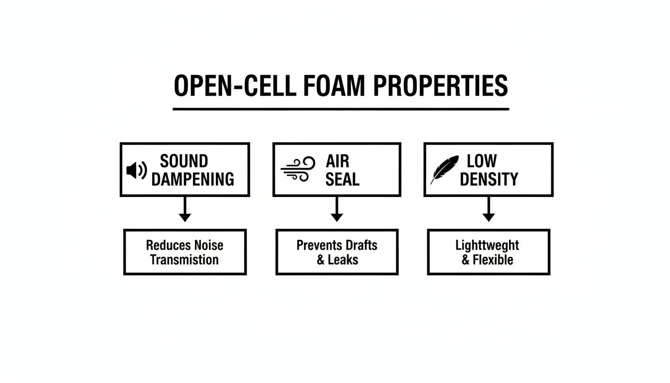 Flowchart illustrating open-cell foam properties: sound dampening, air seal, and low density.