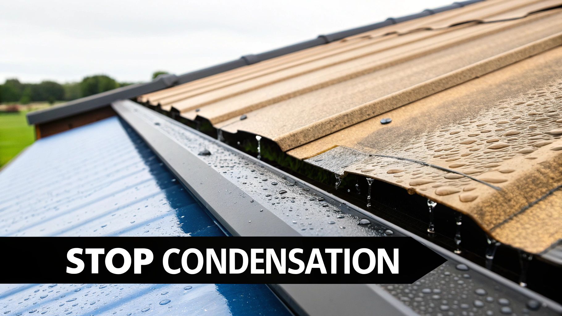Close-up of two metal roofs with water droplets and dripping, highlighting the need to stop condensation.