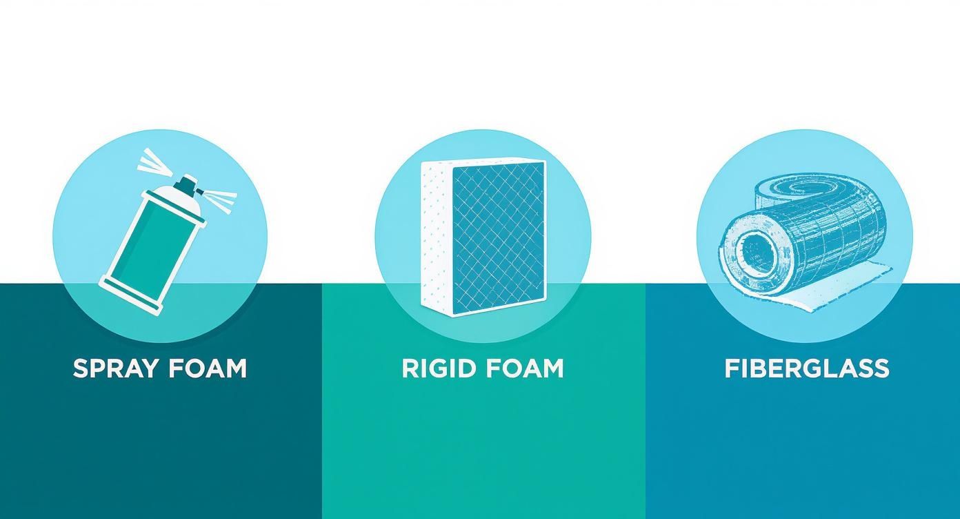 Visual comparison of three insulation types: spray foam, rigid foam, and rolled fiberglass insulation.