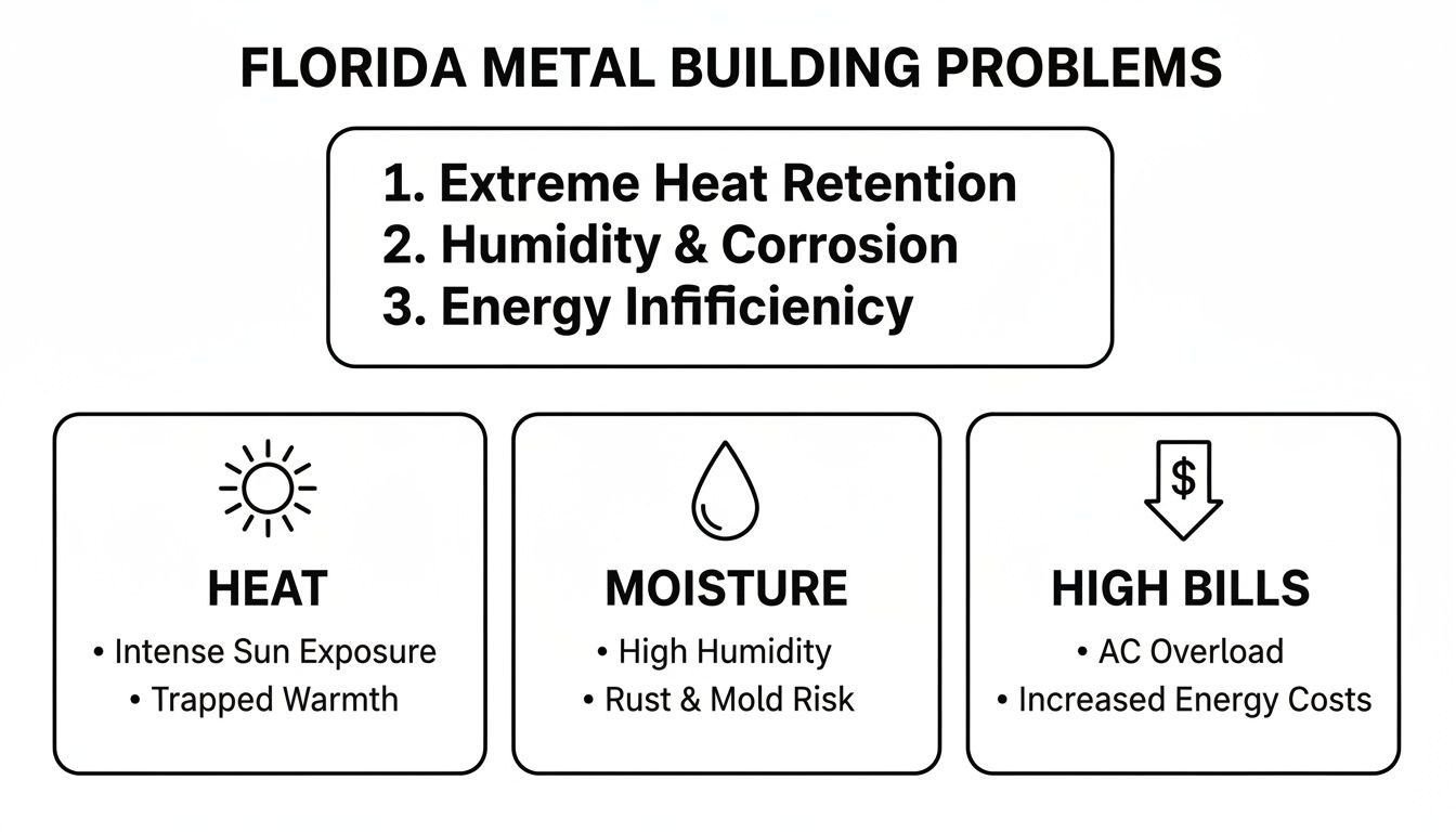 Diagram illustrating common problems with metal buildings in Florida: heat, moisture, and high energy bills.