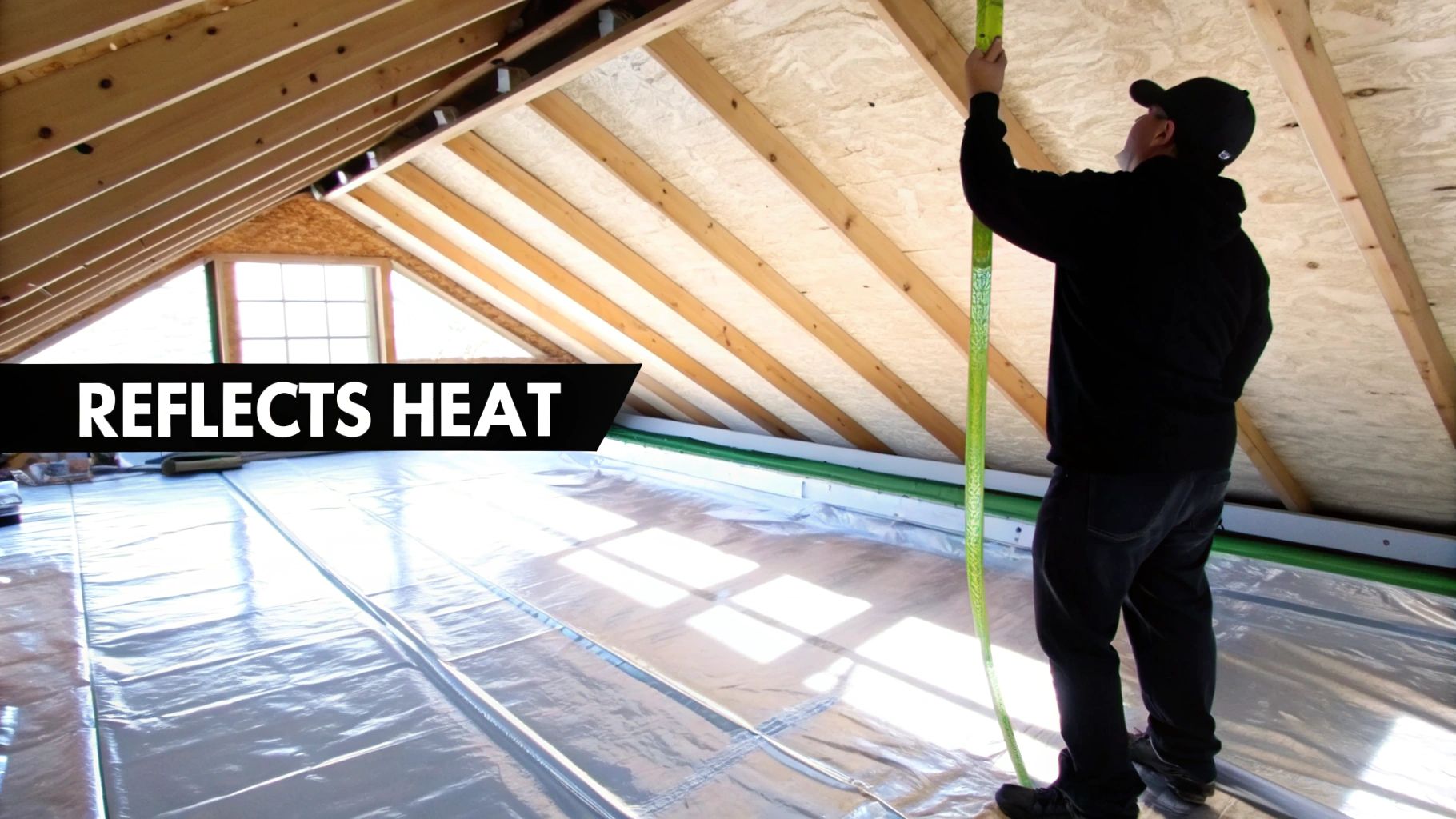 Person installing reflective heat insulation in an attic with visible wooden beams and a window.
