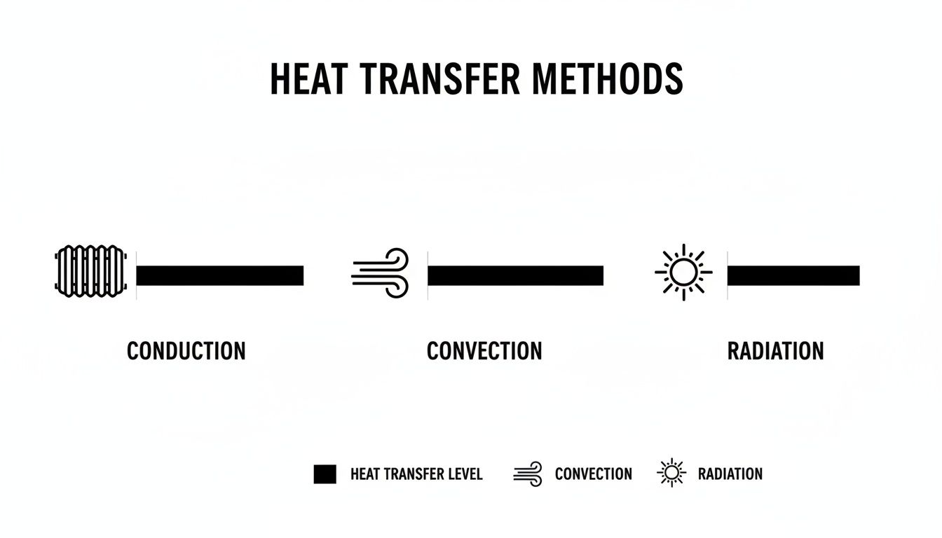 Diagram illustrating heat transfer methods: conduction, convection, and radiation with visual representations.