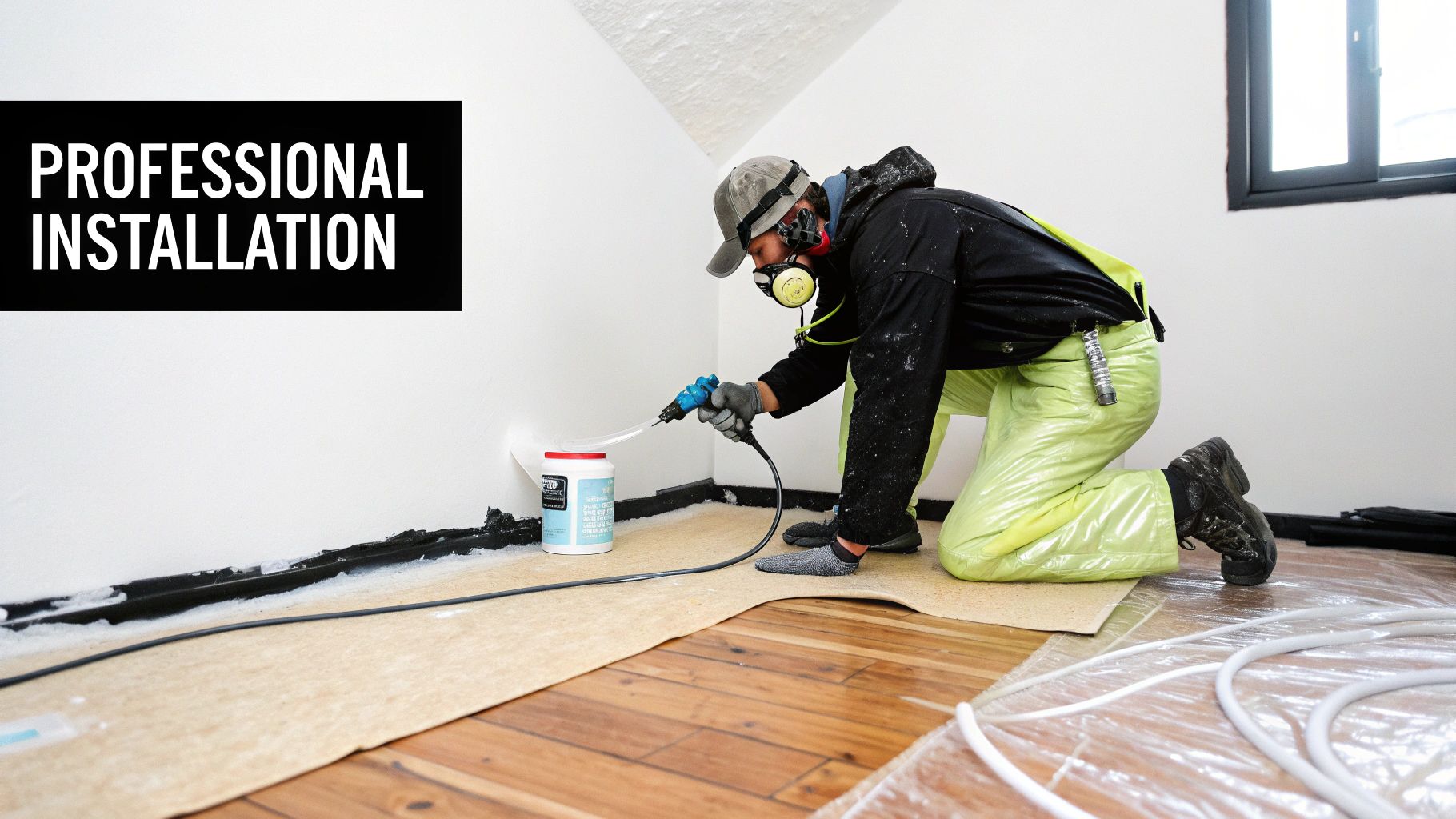 Worker in respirator and protective gear applying spray foam insulation along a white wall base.