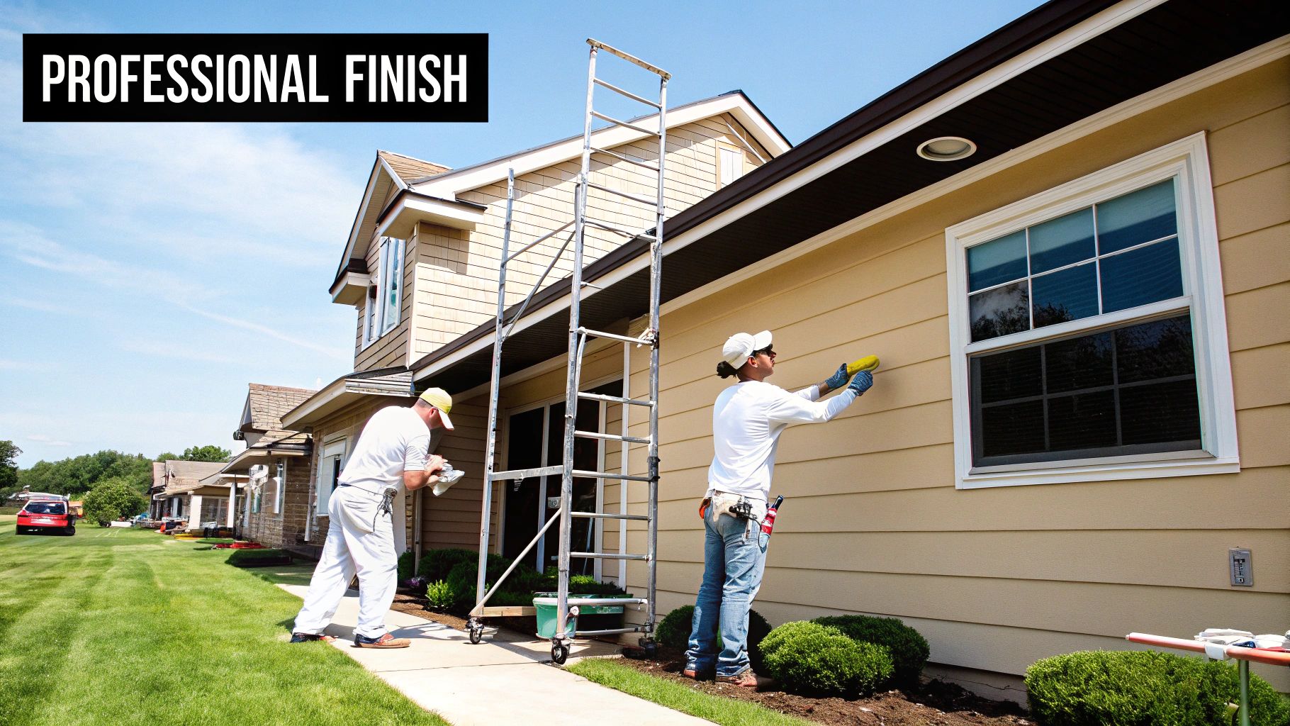 Two professional painters apply fresh tan paint to the exterior siding of a house with a ladder.
