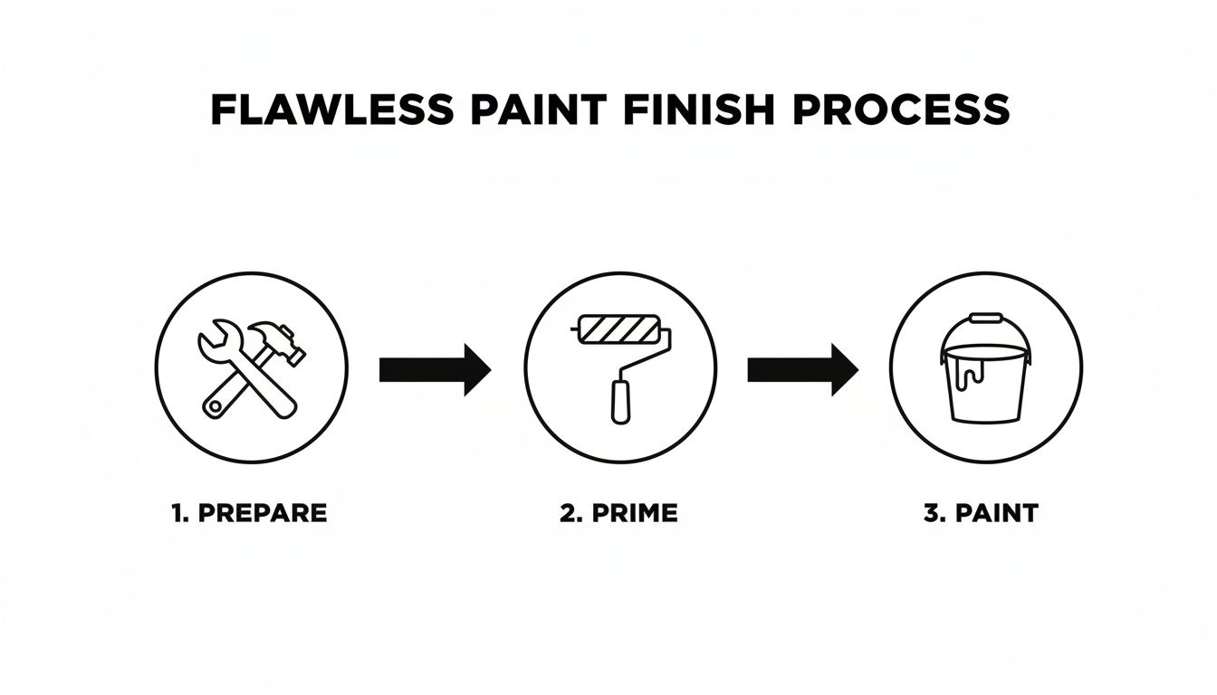 Infographic illustrating a flawless paint finish process with three steps: prepare, prime, and paint.